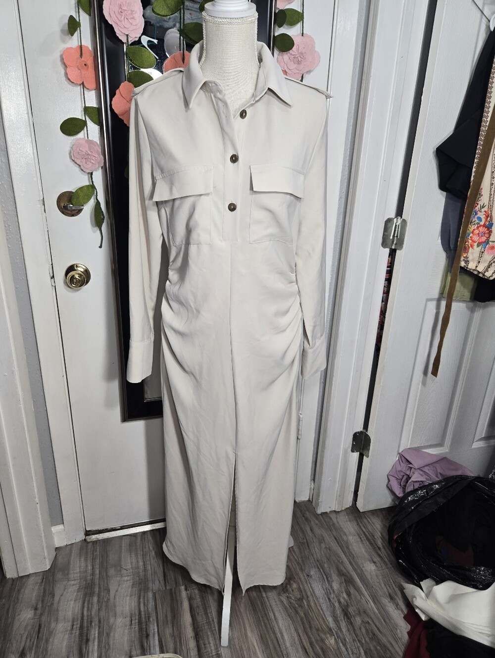 Zara Woman Draped Waist Midi Dress Sz L Cream Color Front Slit - Picture 5 of 13